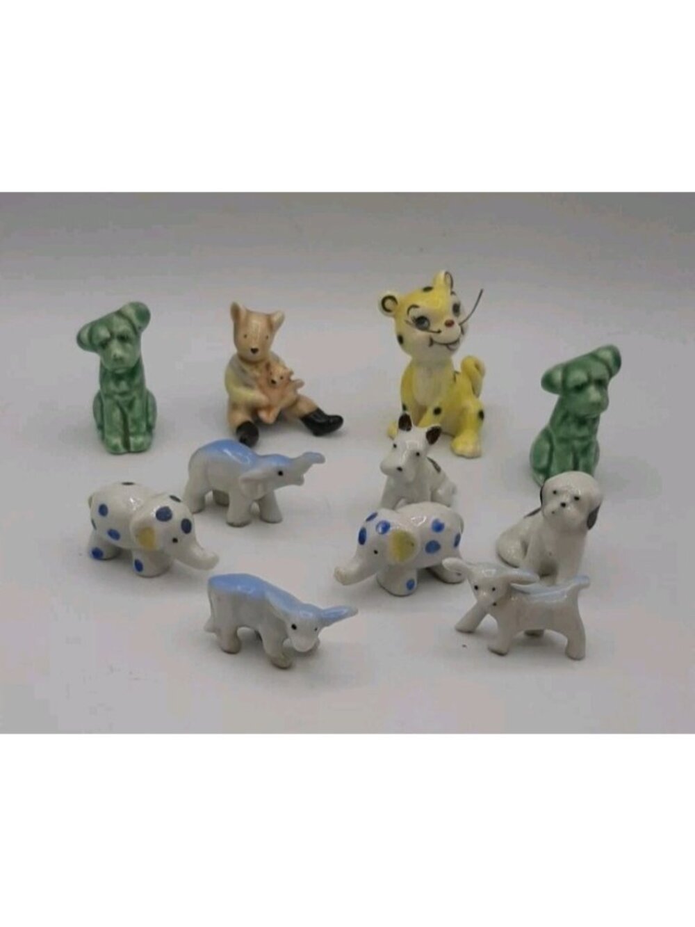 Vintage Miniature Ceramic Animal Figurines Lot of 11 Dogs Spotted Elephants Plus